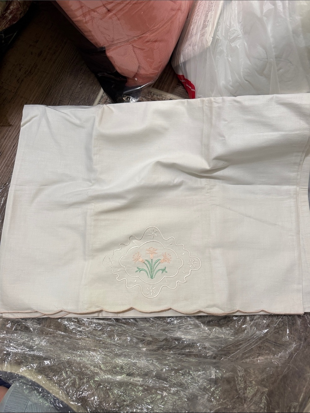 Vintage Embroidered Floral Pillowcase in White with Peach & Green Accents